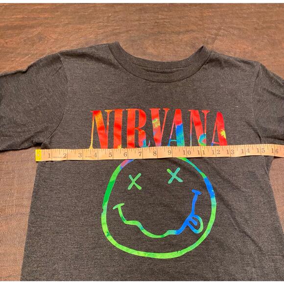 Nirvana Tie Dye Dazed Smiley Face‎ Heather Gray Short Sleeve Size XS Grunge Band - Picture 3 of 6